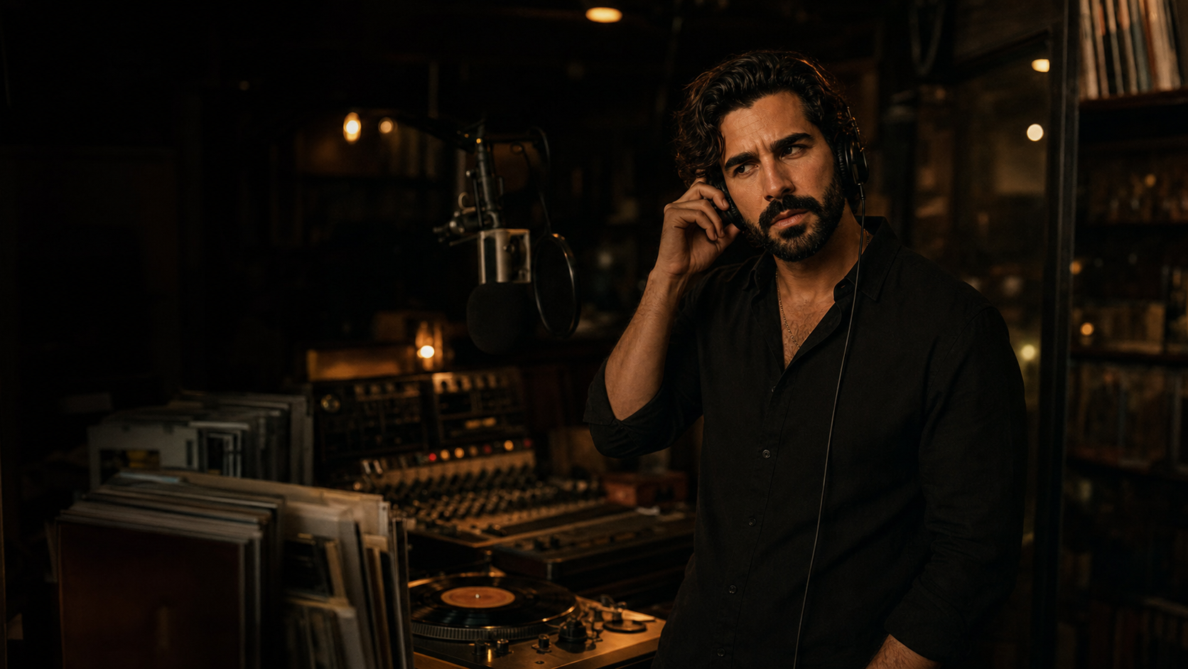 R·AI·mundo Carmona en una cabina de radio rodeado de discos